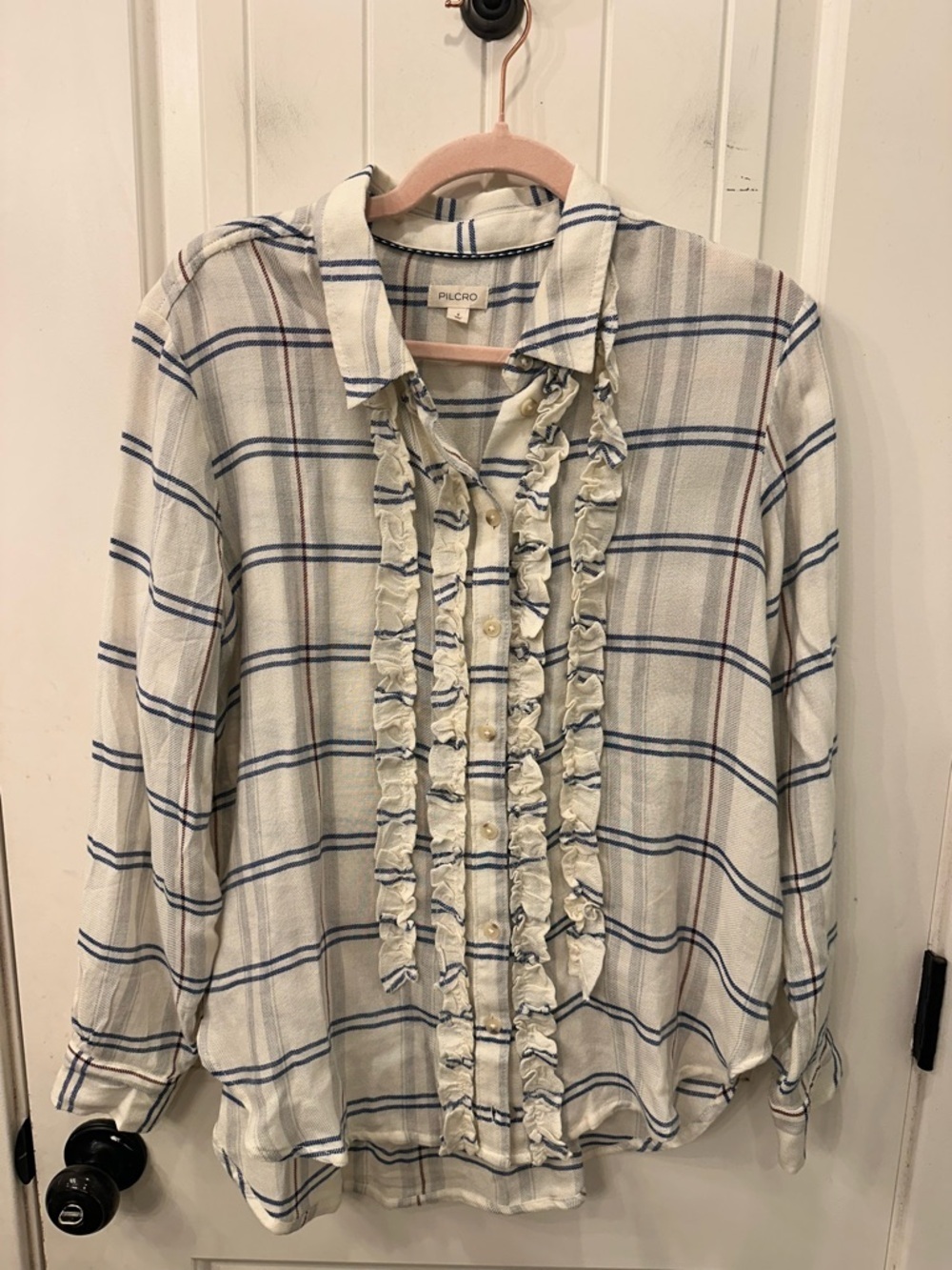 Pilcro Plaid Ruffle Front Button Down Blouse Cream Blue Long Sleeve Small S